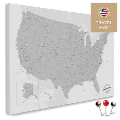 USA Amerika Karte in Hellgrau mit sehr hohem Detailgrad als Pinnwand Leinwand zum Pinnen und Markieren von Reisezielen kaufen