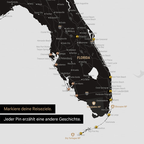 Sehr detaillierte USA Amerika Karte als Pinn-Leinand in Light Black zeigt Reiseziele in Florida