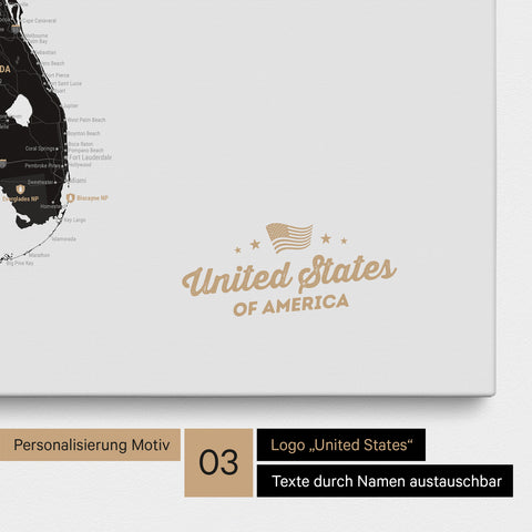 Pinnwand Leinwand einer USA Amerika Karte in Light Black mit eingedrucktem Logo „United States"