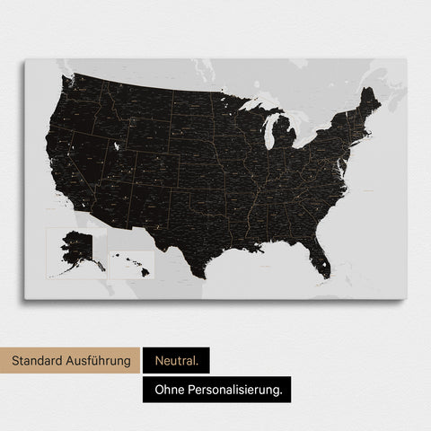 Neutrale und schlichte Ausführung einer USA Amerika Karte als Pinn-Leinwand in Light Black