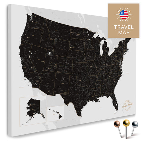 USA Amerika Karte in Light Black mit sehr hohem Detailgrad als Pinnwand Leinwand zum Pinnen und Markieren von Reisezielen kaufen