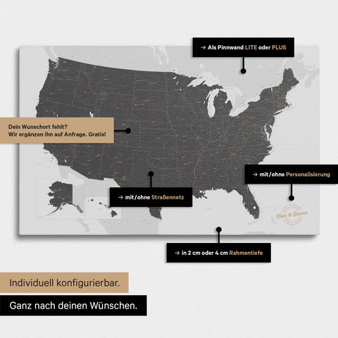 Vielfältige Konfigurationsmöglichkeiten einer USA Amerika Landkarte in Light Gray
