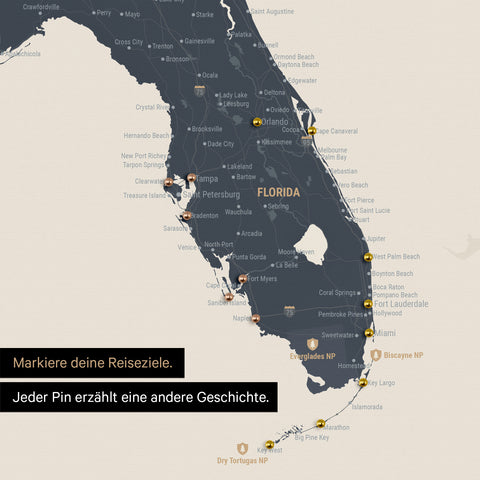 Sehr detaillierte USA Amerika Karte als Pinn-Leinand in Navy Light zeigt Reiseziele in Florida
