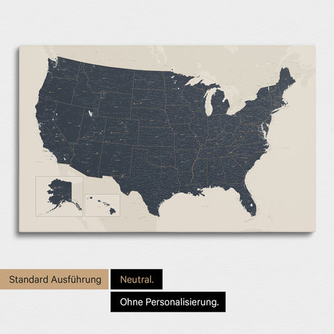 Neutrale und schlichte Ausführung einer USA Amerika Karte als Pinn-Leinwand in Navy Light