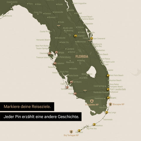 Sehr detaillierte USA Amerika Karte als Pinn-Leinand in Olive Green zeigt Reiseziele in Florida