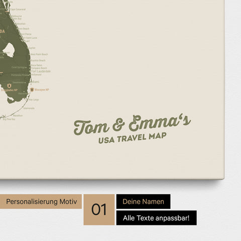 USA Amerika Karte mit hohem Detailgrad als Pinnwand Leinwand in Olive Green mit Personalisierung und Eindruck mit deinem Namen