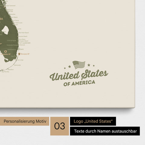 Pinnwand Leinwand einer USA Amerika Karte in Olive Green mit eingedrucktem Logo „United States"