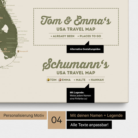 Detaillierte USA Amerika Karte als Pinn-Leinwand in Olive Green mit Personalisierung als Logo für die gesamte Familie