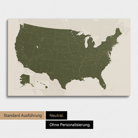 Neutrale und schlichte Ausführung einer USA Amerika Karte als Pinn-Leinwand in Olive Green
