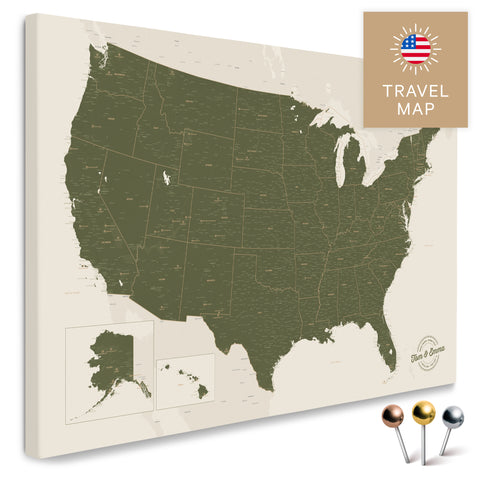 USA Amerika Karte in Olive Green mit sehr hohem Detailgrad als Pinnwand Leinwand zum Pinnen und Markieren von Reisezielen kaufen