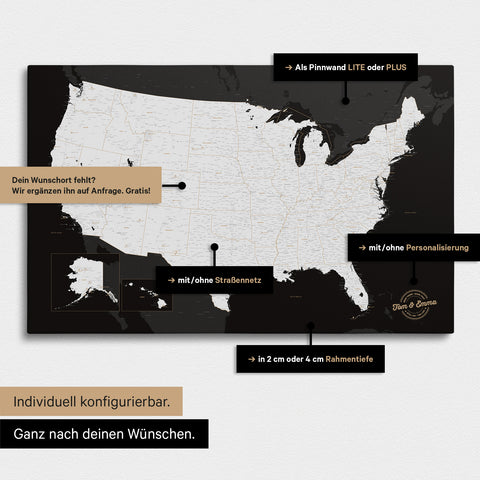 Vielfältige Konfigurationsmöglichkeiten einer USA Amerika Landkarte in Schwarz-Weiß