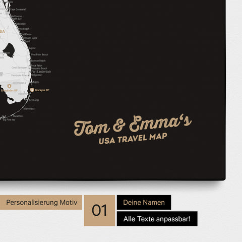 USA Amerika Karte mit hohem Detailgrad als Pinnwand Leinwand in Schwarz-Weiß mit Personalisierung und Eindruck mit deinem Namen