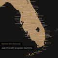 Sehr detaillierte USA Amerika Karte als Pinn-Leinand in Sonar Black (Schwarz-Gold) zeigt Reiseziele in Florida