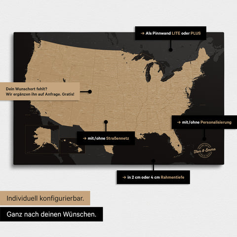 Vielfältige Konfigurationsmöglichkeiten einer USA Amerika Landkarte in Sonar Black (Schwarz-Gold)