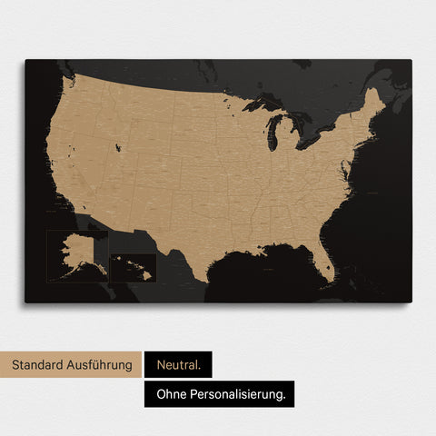 Neutrale und schlichte Ausführung einer USA Amerika Karte als Pinn-Leinwand in Sonar Black (Schwarz-Gold)
