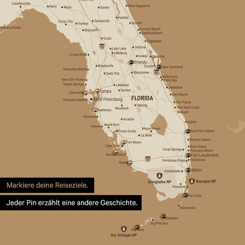 Sehr detaillierte USA Amerika Karte als Pinn-Leinand in Treasure Gold zeigt Reiseziele in Florida