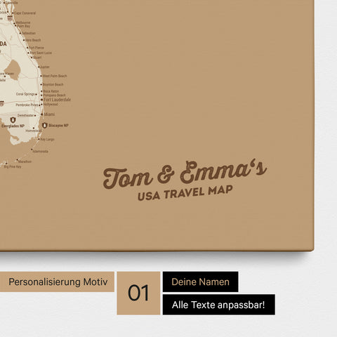 USA Amerika Karte mit hohem Detailgrad als Pinnwand Leinwand in Treasure Gold mit Personalisierung und Eindruck mit deinem Namen