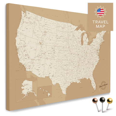 USA Amerika Karte in Treasure Gold mit sehr hohem Detailgrad als Pinnwand Leinwand zum Pinnen und Markieren von Reisezielen kaufen