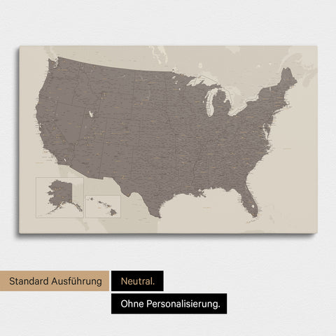 Neutrale und schlichte Ausführung einer USA Amerika Karte als Pinn-Leinwand in Warmgray (Braun-Grau)