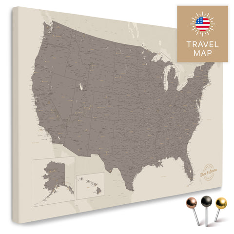 USA Amerika Karte in Warmgray (Braun-Grau) mit sehr hohem Detailgrad als Pinnwand Leinwand zum Pinnen und Markieren von Reisezielen kaufen