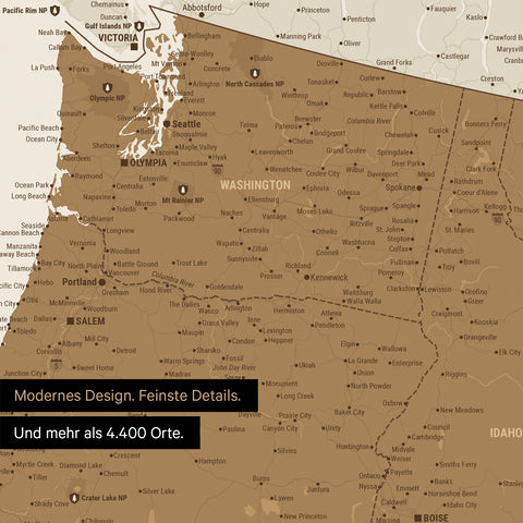 Ausschnitt eines USA Amerika Posters zeigt Reiseziele und Highlights in Washington, Oregon und Idaho