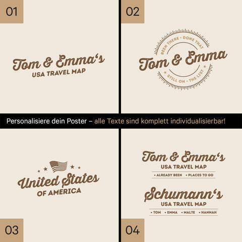 USA Amerika Karte mit hohem Detailgrad als Papier-Poster mit vier unterschiedlichen Personalisierungen zur Auswahl