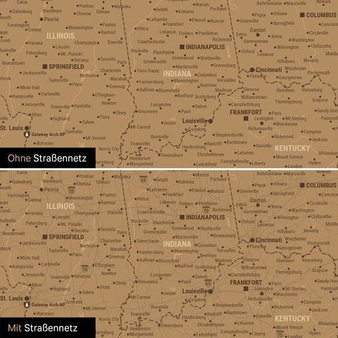 Vergleich einer USA-Amerika-Landkarte mit und ohne Straßennetz als Konfigurationsdetail