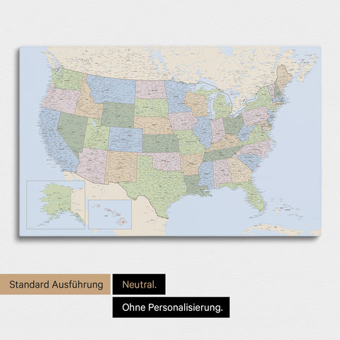 Neutrale und schlichte Ausführung einer politischen USA Amerika Karte als Pinn-Leinwand in Multicolor Atlas