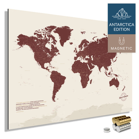 Magnetische Weltkarte ANTARCTICA mit Antarktis als massives Magnetboard in der Farbe Bordeaux Rot, in einem modernen, minimalistischem Design zum Pinnen und Markieren von Reisezielen mit Magneten