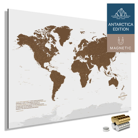 Magnetic World Map ANTARCTICA with Antarctica as a solid magnetic board in brown, featuring a modern, minimalist design for pinning and marking travel destinations with magnets