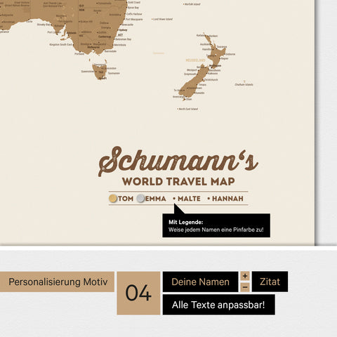 World map ANTARCTICA as a bronze magnetic board with personalization as a logo with family name and legend