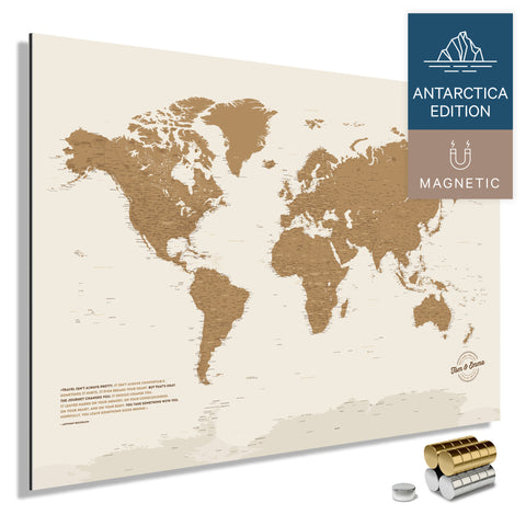 Magnetic World Map ANTARCTICA with Antarctica as a solid magnetic board in bronze color, featuring a modern, minimalist design for pinning and marking travel destinations with magnets