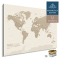 Magnetic World Map ANTARCTICA with Antarctica as a solid magnetic board in Desert Sand color, featuring a modern, minimalist design for pinning and marking travel destinations with magnets