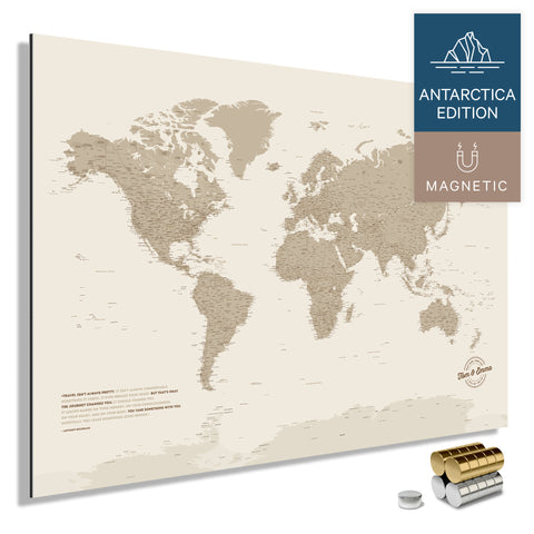 Magnetic World Map ANTARCTICA with Antarctica as a solid magnetic board in Desert Sand color, featuring a modern, minimalist design for pinning and marking travel destinations with magnets