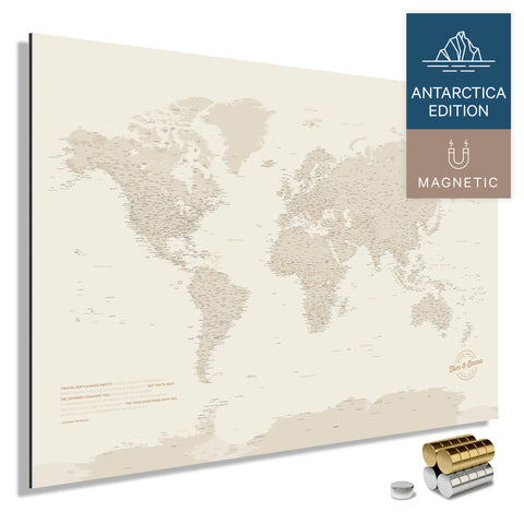 Magnetic World Map ANTARCTICA with Antarctica as a solid magnetic board in gold color, featuring a modern, minimalist design for pinning and marking travel destinations with magnets