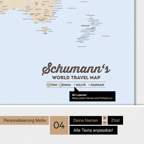 Weltkarte ANTARCTICA als Magnettafel in Multicolor Atlas mit Personalisierung als Logo mit Familiennamen und Legende