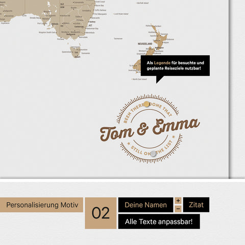 Personalisierte magnetische Weltkarte ANTARCTICA in Multicolor Beige mit rundem Logo, das eine Legende für bereits besuchte Reiseziele beinhaltet