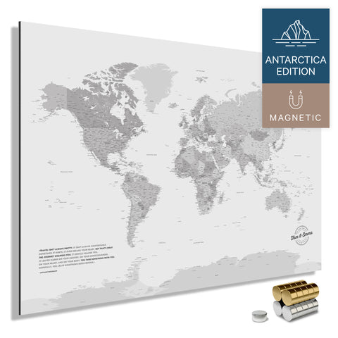 Magnetische Weltkarte ANTARCTICA mit Antarktis als massives Magnetboard in der Farbe Multicolor Grau, in einem modernen, minimalistischem Design zum Pinnen und Markieren von Reisezielen mit Magneten