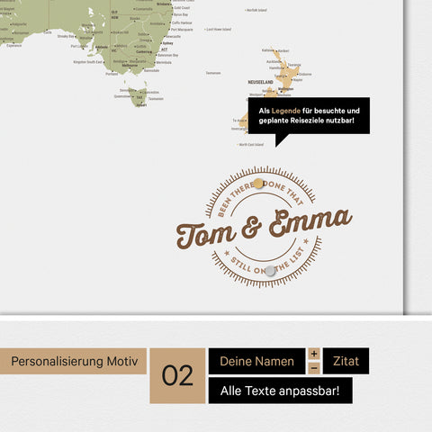 Personalisierte magnetische Weltkarte ANTARCTICA in Multicolor Sienna mit rundem Logo, das eine Legende für bereits besuchte Reiseziele beinhaltet