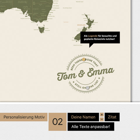Personalisierte magnetische Weltkarte ANTARCTICA in Olive Green mit rundem Logo, das eine Legende für bereits besuchte Reiseziele beinhaltet