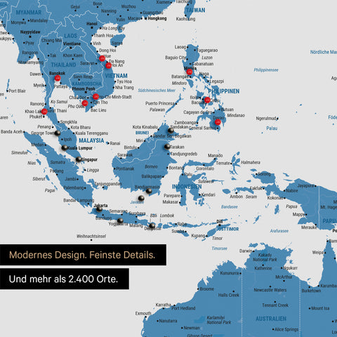 Detail einer Weltkarte in Blau zeigt Südost-Asien