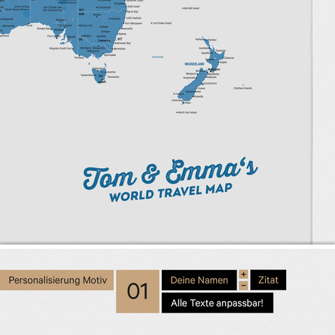 Weltkarte mit Antarktis als Pinnwand Leinwand in Blau mit Personalisierung
