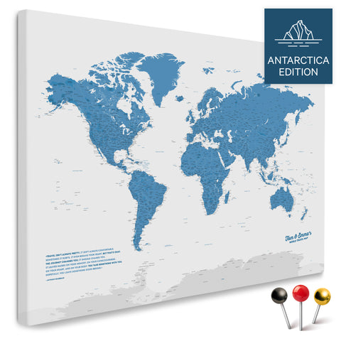 Weltkarte mit Antarktis in Blau als Pinnwand Leinwand kaufen