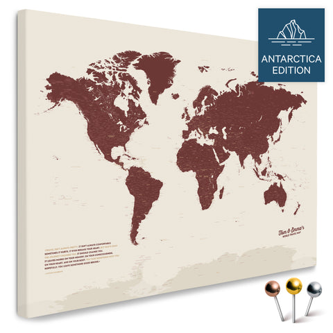 Weltkarte mit Antarktis in Bordeaux Rot als Pinnwand Leinwand kaufen