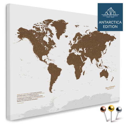 Weltkarte mit Antarktis in Braun als Pinnwand Leinwand kaufen