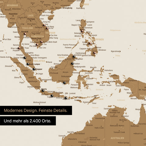 Detail einer Weltkarte in Bronze zeigt Südost-Asien