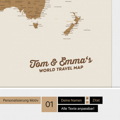 Weltkarte mit Antarktis als Pinnwand Leinwand in Bronze mit Personalisierung
