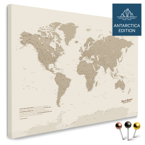 Weltkarte mit Antarktis in Desert Sand (Beige) als Pinnwand Leinwand kaufen
