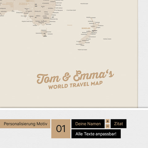 Weltkarte mit Antarktis als Pinnwand Leinwand in Gold mit Personalisierung