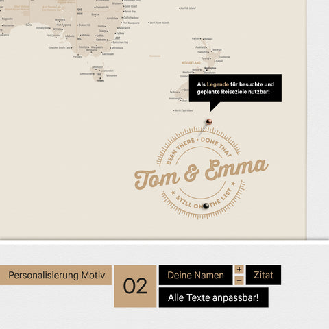 Personalisierte Antarktis-Weltkarte als Pinnwand Leinwand in Gold mit Personalisierung in rund